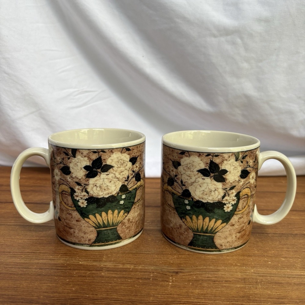 Warren Kimble White Roses Mugs Set of 2 Sakura 1997 Vintage Floral